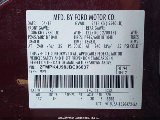 2FMPK4J98JBC06837 Ford EDGE SEL