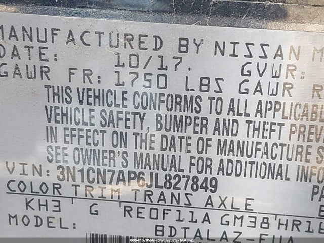 3N1CN7AP6JL827849 Nissan Versa 1.6 S+