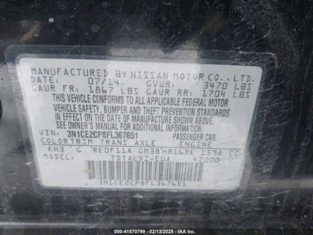 3N1CE2CP8FL367651 Nissan Versa Note Sv