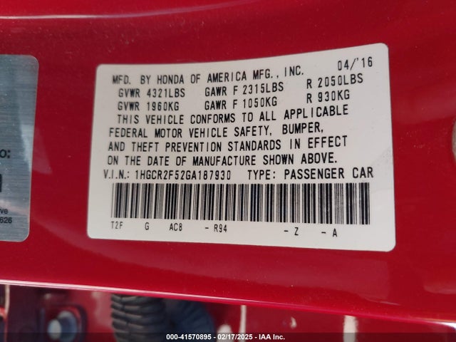 1HGCR2F52GA187930 Honda Accord Sport