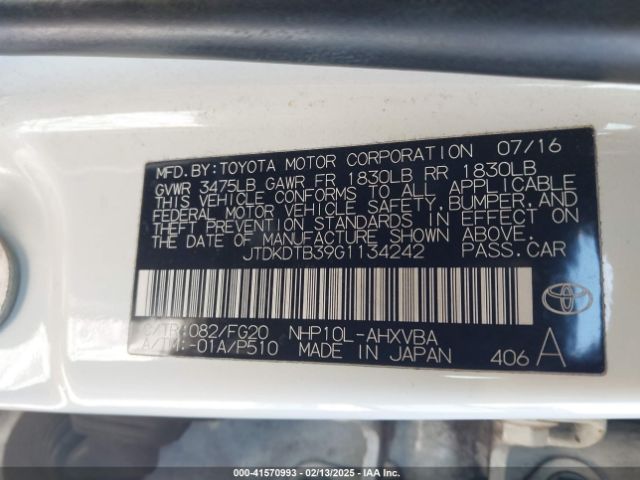 JTDKDTB39G1134242 Toyota Prius C Two