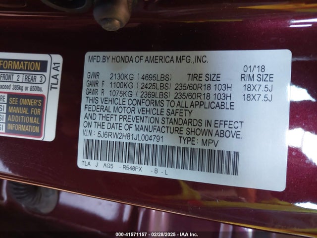 5J6RW2H81JL004791 Honda Cr-v Ex-l/ex-l Navi