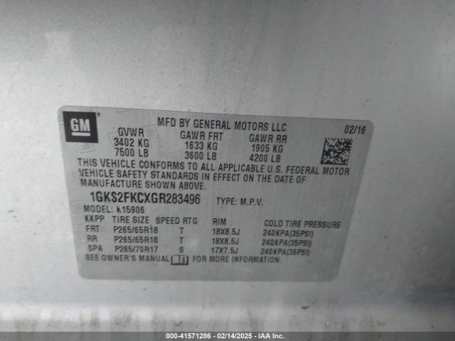 1GKS2FKCXGR283496 GMC Yukon Xl Sle