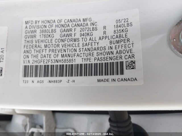 2HGFE2F53NH585851 Honda Civic Sport