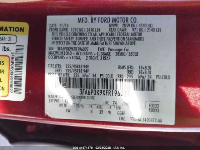 3FA6P0K9XFR196027 Ford Fusion Titanium