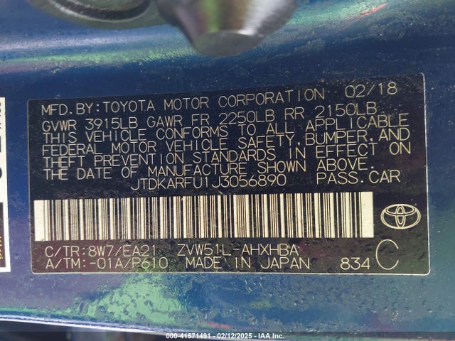 JTDKARFU1J3056890 Toyota 2zr-fxe,1nm