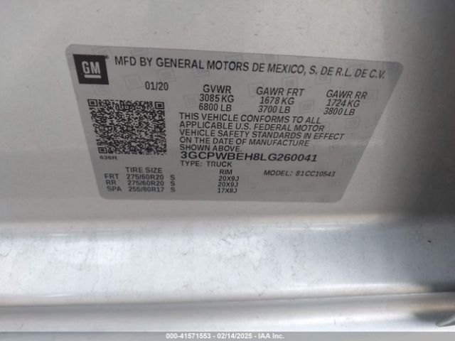 3GCPWBEH8LG260041 Chevrolet Silverado 1500 2wd  Short Bed Custom