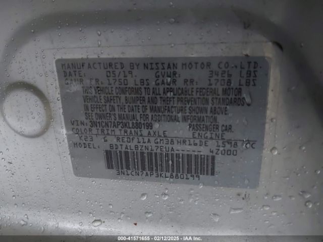 3N1CN7AP3KL880199 Nissan Versa 1.6 Sv