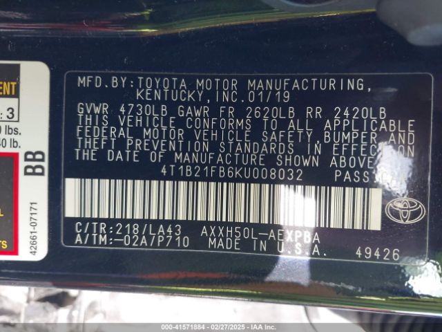 4T1B21FB6KU008032 Toyota Avalon Hybrid Limited