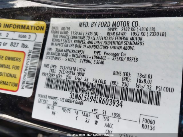 3LN6L5A94LR603934 Lincoln Mkz Standard