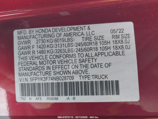 5FPYK3F74NB028709 Honda Ridgeline Rtl-e