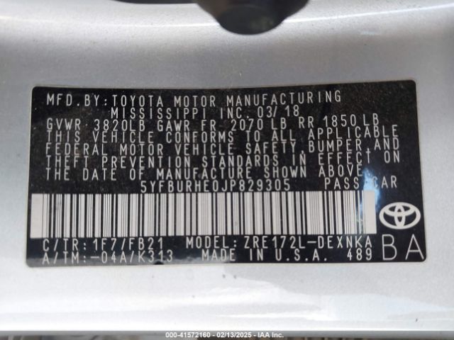 5YFBURHE0JP829305 Toyota COROLLA LE