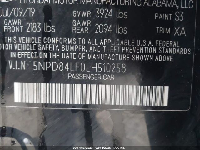 5NPD84LF0LH510258 Hyundai ELANTRA SEL