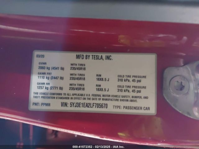 5YJ3E1EA2LF705670 Tesla Model 3 Standard Range Plus Rear-wheel Drive/standard Range Rear-wheel Drive