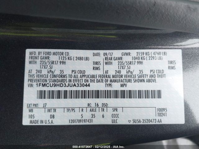1FMCU9HD3JUA33044 Ford ESCAPE SEL