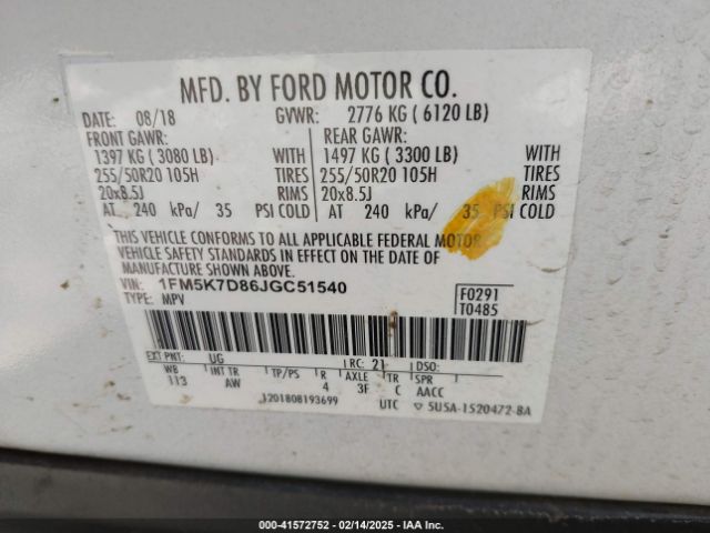 1FM5K7D86JGC51540 Ford EXPLORER XLT