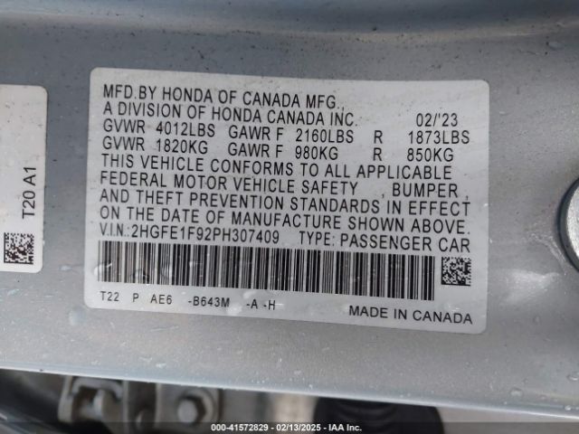 2HGFE1F92PH307409 Honda Civic Touring