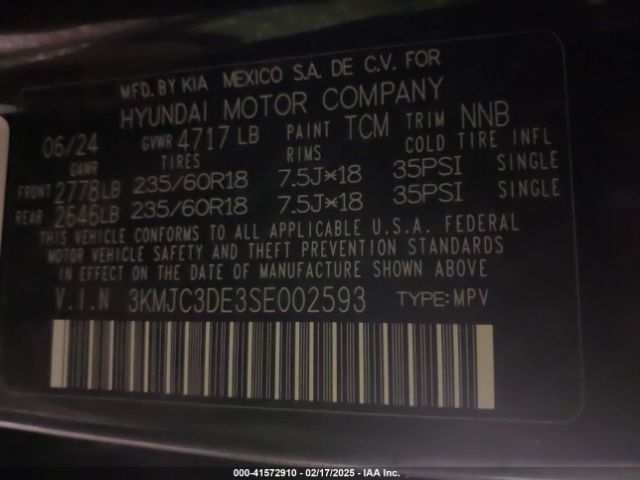 3KMJC3DE3SE002593 Hyundai Tucson Sel Convenience