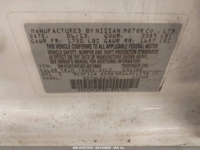 3N1CN7AP3EL821903 Nissan Versa 1.6 S+