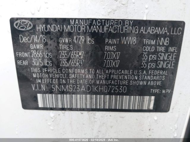5NMS23AD1KH072530 Hyundai Santa Fe Se