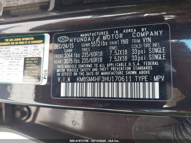 KM8SM4HF3HU170611 Hyundai Santa Fe Se