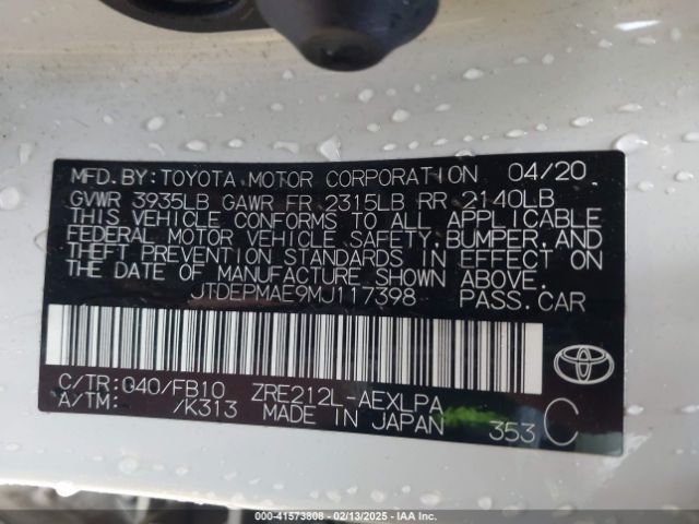 JTDEPMAE9MJ117398 Toyota COROLLA LE