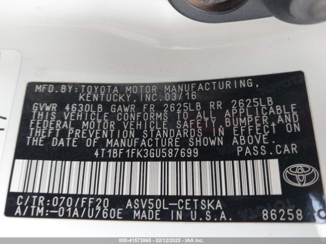 4T1BF1FK3GU587699 Toyota CAMRY SE