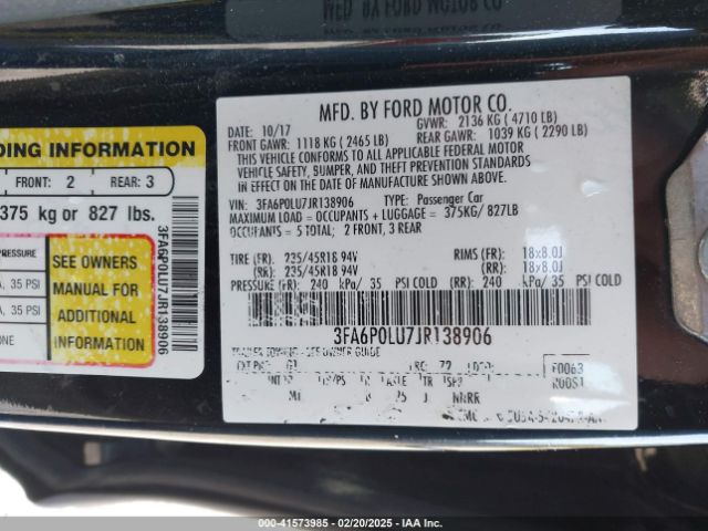 3FA6P0LU7JR138906 Ford Fusion Hybrid Se