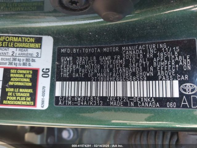 2T1BURHE6GC568559 Toyota COROLLA LE