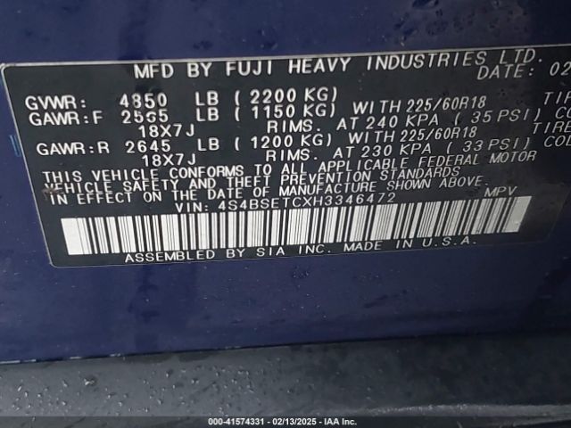 4S4BSETCXH3346472 Subaru Outback 3.6r Touring
