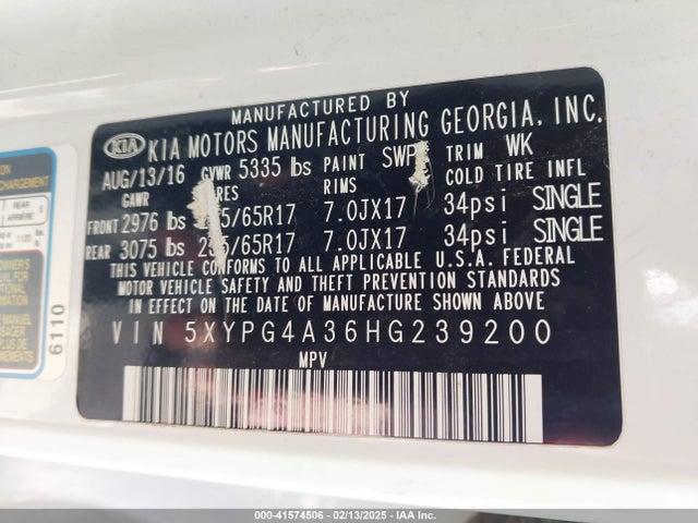 5XYPG4A36HG239200 KIA Sorento 2.4l Lx