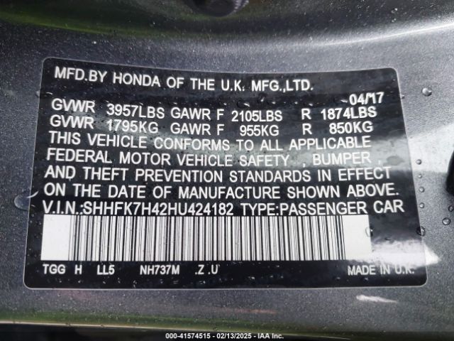 SHHFK7H42HU424182 Honda Civic Sport