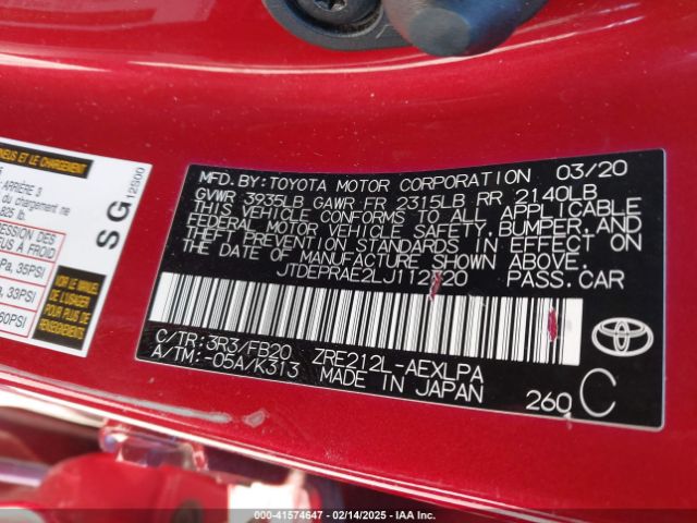JTDEPRAE2LJ112720 Toyota COROLLA LE