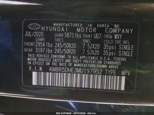 KM8R5DHE3MU197952 Hyundai Palisade Limited