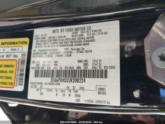 3FA6P0HD2JR208224 Ford FUSION SE