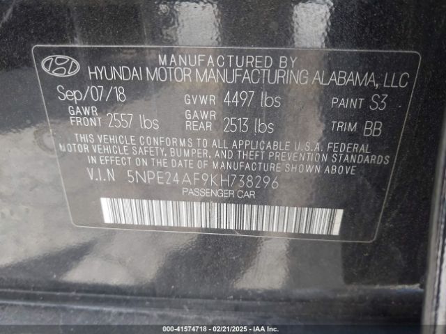 5NPE24AF9KH738296 Hyundai SONATA SE