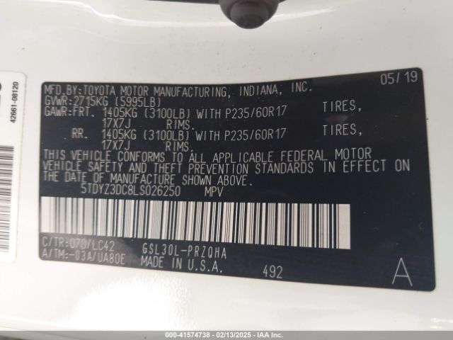 5TDYZ3DC8LS026250 Toyota SIENNA XLE