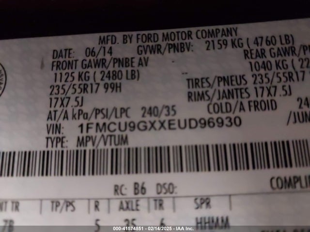 1FMCU9GXXEUD96930 Ford ESCAPE SE