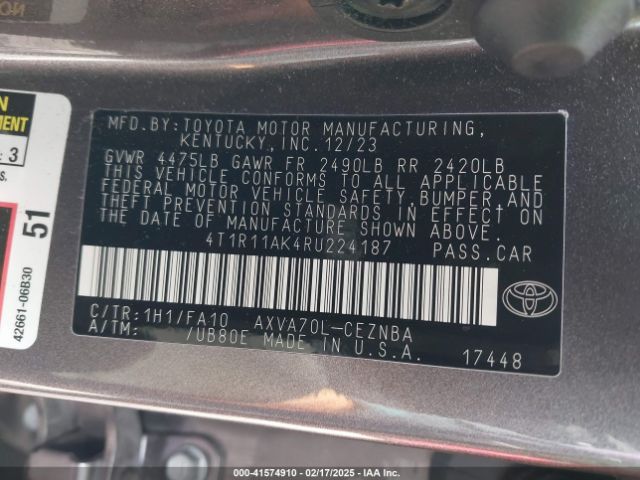 4T1R11AK4RU224187 Toyota CAMRY LE