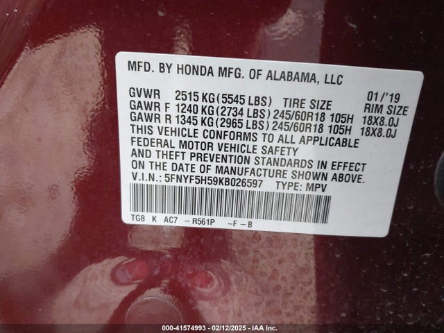 5FNYF5H59KB026597 Honda Pilot Ex-l