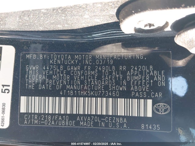 4T1B11HK5KU773460 Toyota CAMRY LE