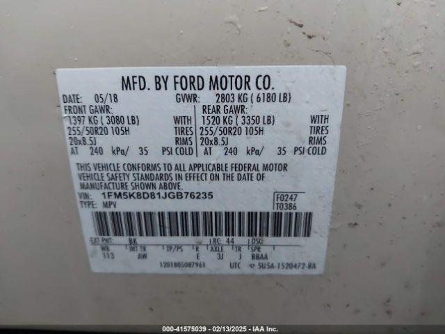 1FM5K8D81JGB76235 Ford EXPLORER XLT