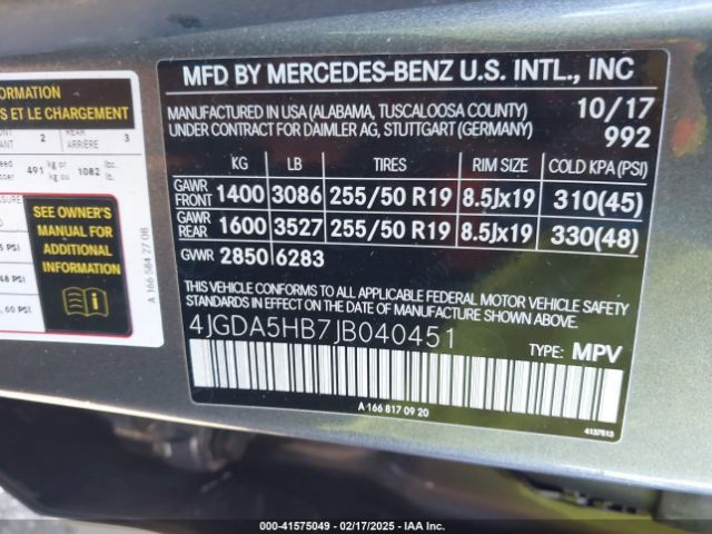 4JGDA5HB7JB040451 Mercedes-Benz Gle 350 4matic