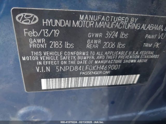 5NPD84LF0KH469001 Hyundai Elantra Limited