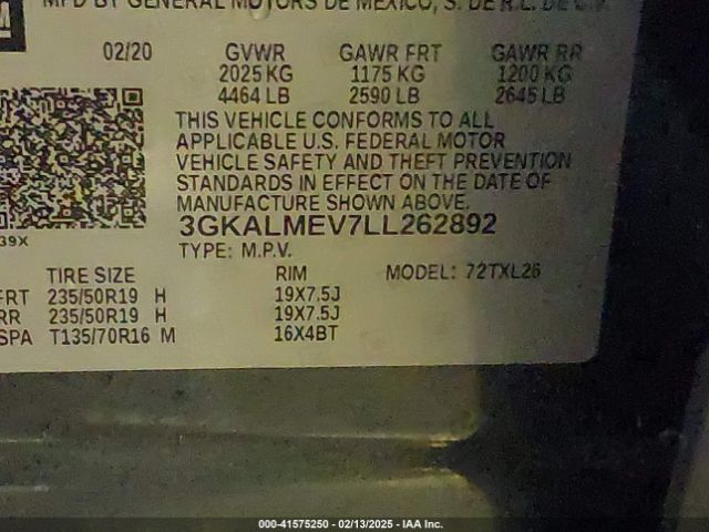 3GKALMEV7LL262892 GMC Terrain Fwd Sle