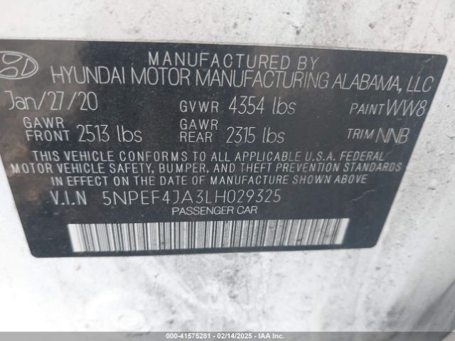 5NPEF4JA3LH029325 Hyundai SONATA SEL