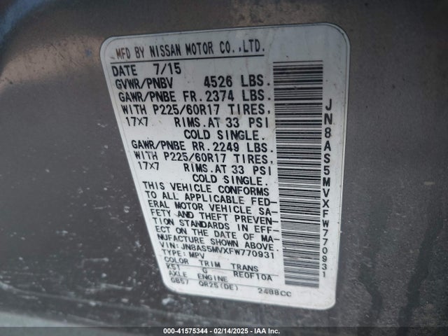 JN8AS5MVXFW770931 Nissan Rogue Select S