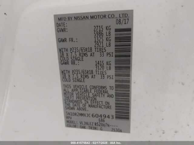 5N1DR2MMXJC604943 Nissan Pathfinder Sv