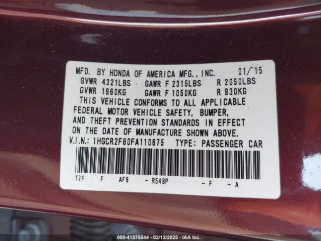 1HGCR2F80FA110675 Honda Accord Ex-l