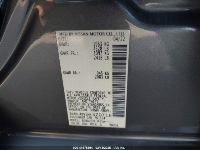 1N4BL4BV5NN370716 Nissan Altima S Fwd